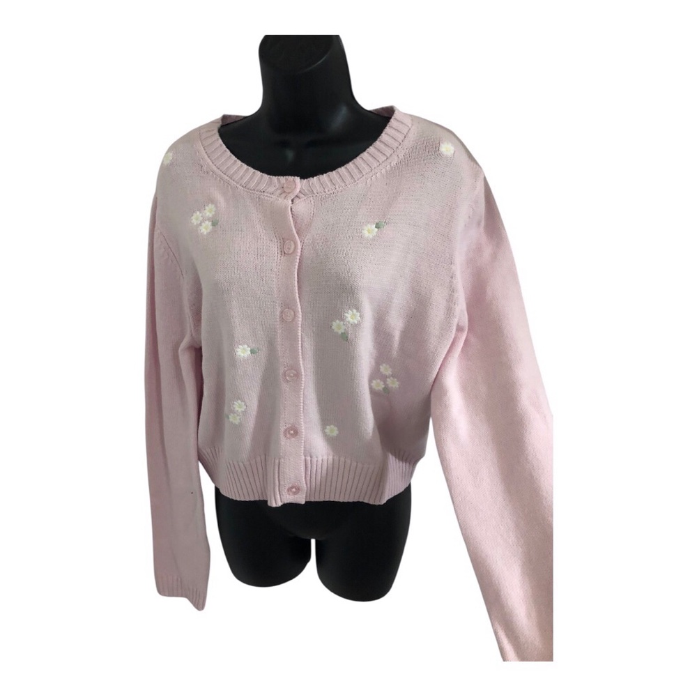 Jessica Simpson pink and white daisy flowers embroidered cardigan size XL new